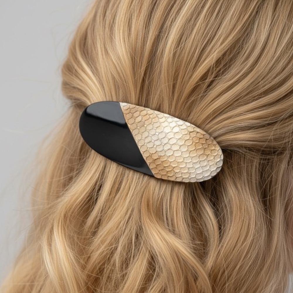 Vintage Glossy Black Textured Reptile Metallic‎ Gold Hair Clip Barrette
